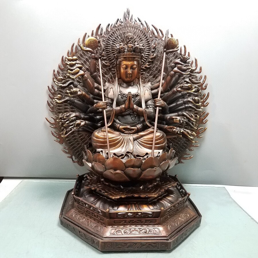 大号纯铜千手观音菩萨佛像紫铜色背光观世音铜像坐像摆件高40cm