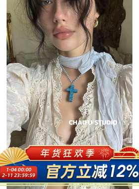 柴夫工作室/X141美式辣妹水晶串珠多层叠戴项链闪钻十字架y2k颈链