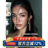 法式 柴夫工作室 E832 宫廷华丽不对称花朵耳钉流苏粉钻立体耳环