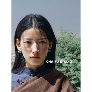 柴夫工作室 宫廷浮雕奢华方形绿锆石耳钉小众奢华高级感耳环 R632