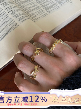 素金玫瑰花点钻蝴蝶戒指