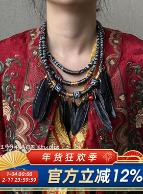 狂野祭祀风多层编绳羽毛项链套装