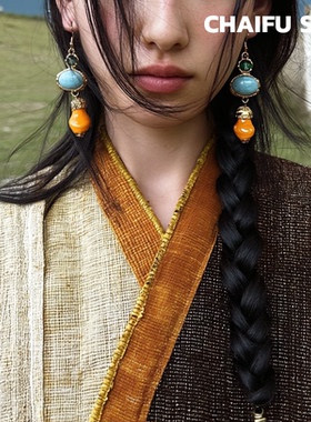 柴夫工作室/E274 波西米亚风混搭绿松石耳环奢华重工肌理感耳钩