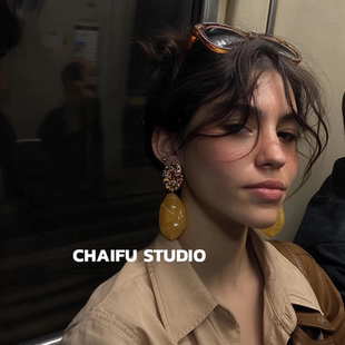 宫廷不规则树脂大耳钉复古油画设计扫肩耳环 法式 柴夫工作室 R704