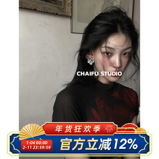 柴夫工作室/E759 欧美风褶皱熔岩金属花朵耳钉镶钻大气夸张耳环