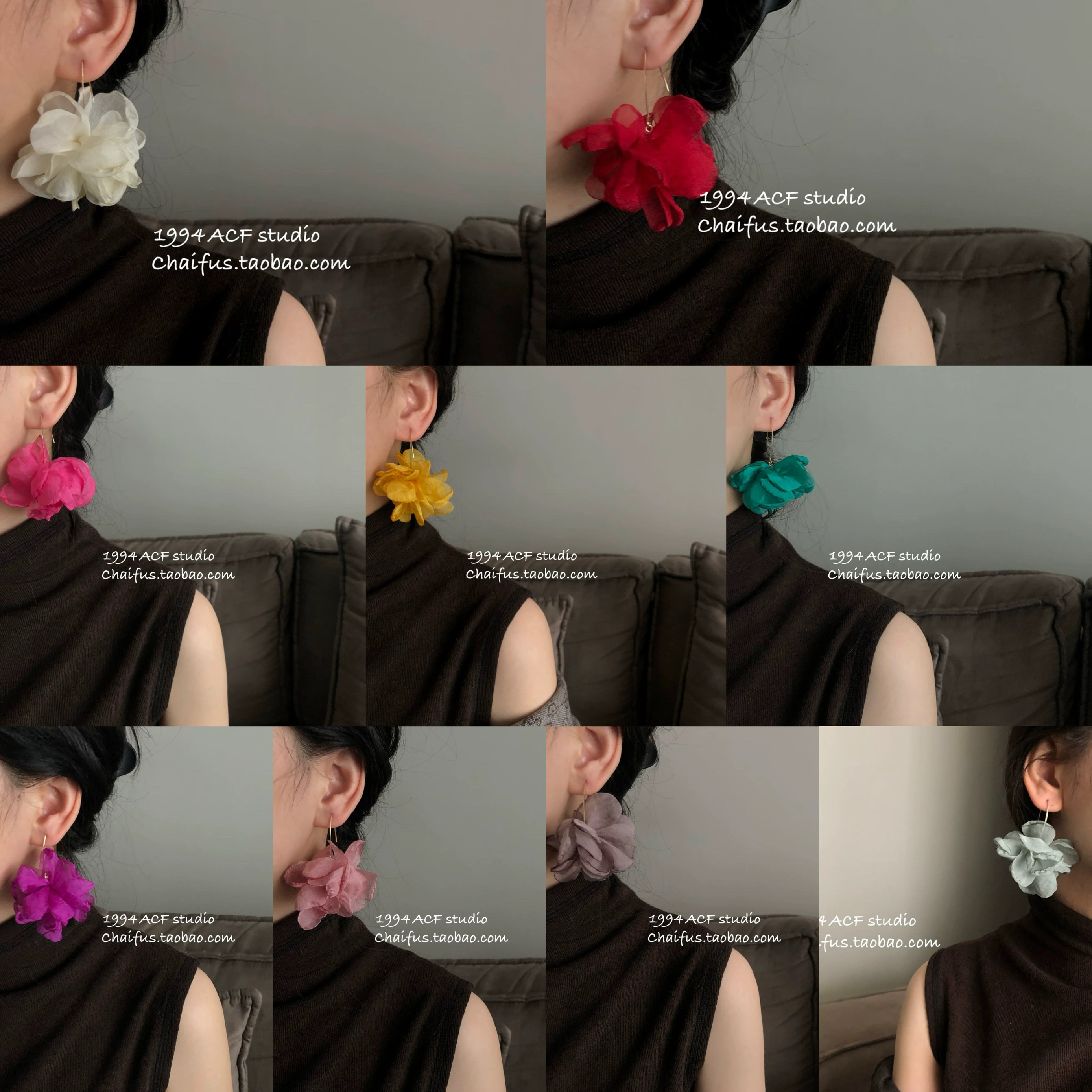 法式度假风温柔网纱山茶耳环