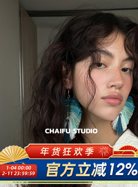 柴夫工作室/E595 波西米亚彩色手工毛线耳环夸张异域风情度假耳饰