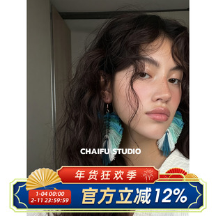 柴夫工作室/E595 波西米亚彩色手工毛线耳环夸张异域风情度假耳饰