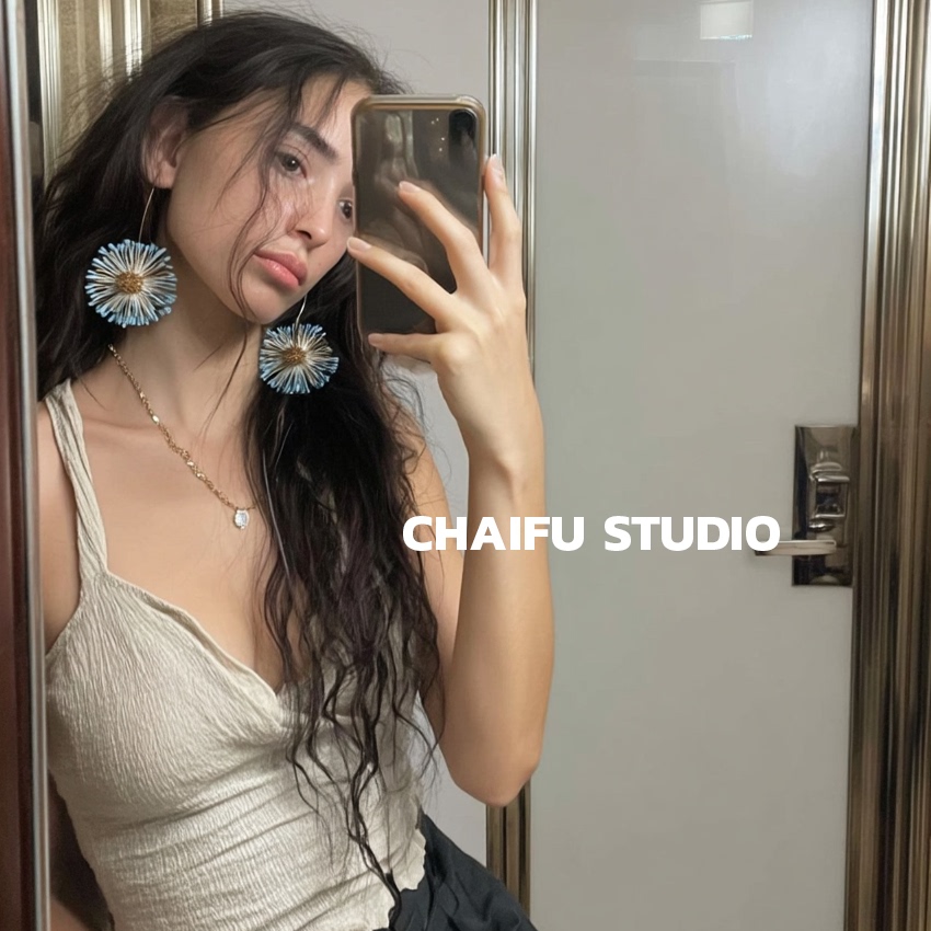 小众田园风拉菲草太阳花大耳环