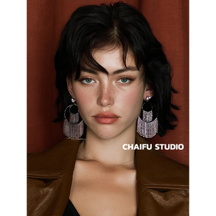 柴夫工作室 欧美宫廷轻奢瀑布流苏大耳钉冷淡气质高级感耳环 E450