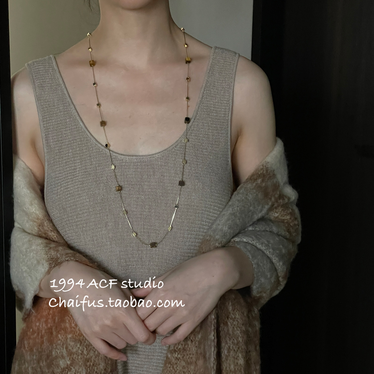 ins复古文艺方块天然石长链