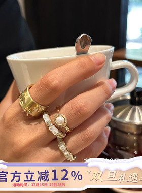 日韩冷淡风几何镶钻珍珠戒指