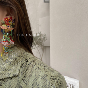 夸张手工不对称编织串珠花形叶子耳钉 R246欧美个性 Chaifu studio