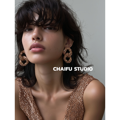 欧美夸张双环锁扣满钻耳钉