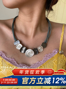 柴夫工作室/X665 暗黑朋克风多层皮革金属项链镶钻肌理感拉丝颈链