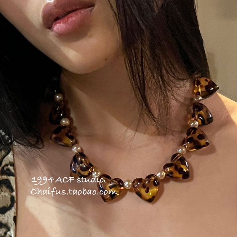 美式复古辣妹豹纹爱心项链