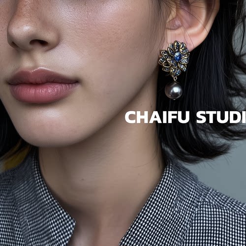 柴夫工作室/R106 vintage中古复古蓝色锆石微镶耳钉珍珠花朵耳环