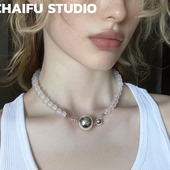 新中式 柴夫工作室 X807 国风猫眼石串珠项链拼接金属球磁吸扣颈链