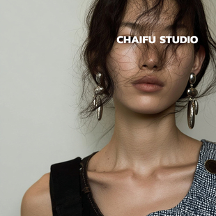 美式 夸张复古做旧锤纹设计感中性风耳钉小众耳环 E101 柴夫工作室