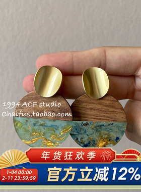 柴夫工作室/R141 港风复古圆形拼接木头耳钉小众晕染几何气质耳环