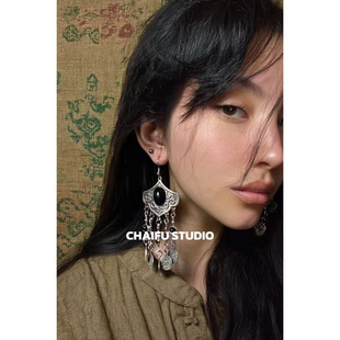 柴夫工作室 复古异域风情钱币流苏耳环浮雕做旧仿松石耳钩 R264