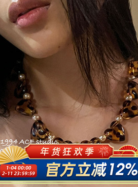 美式复古辣妹豹纹爱心项链