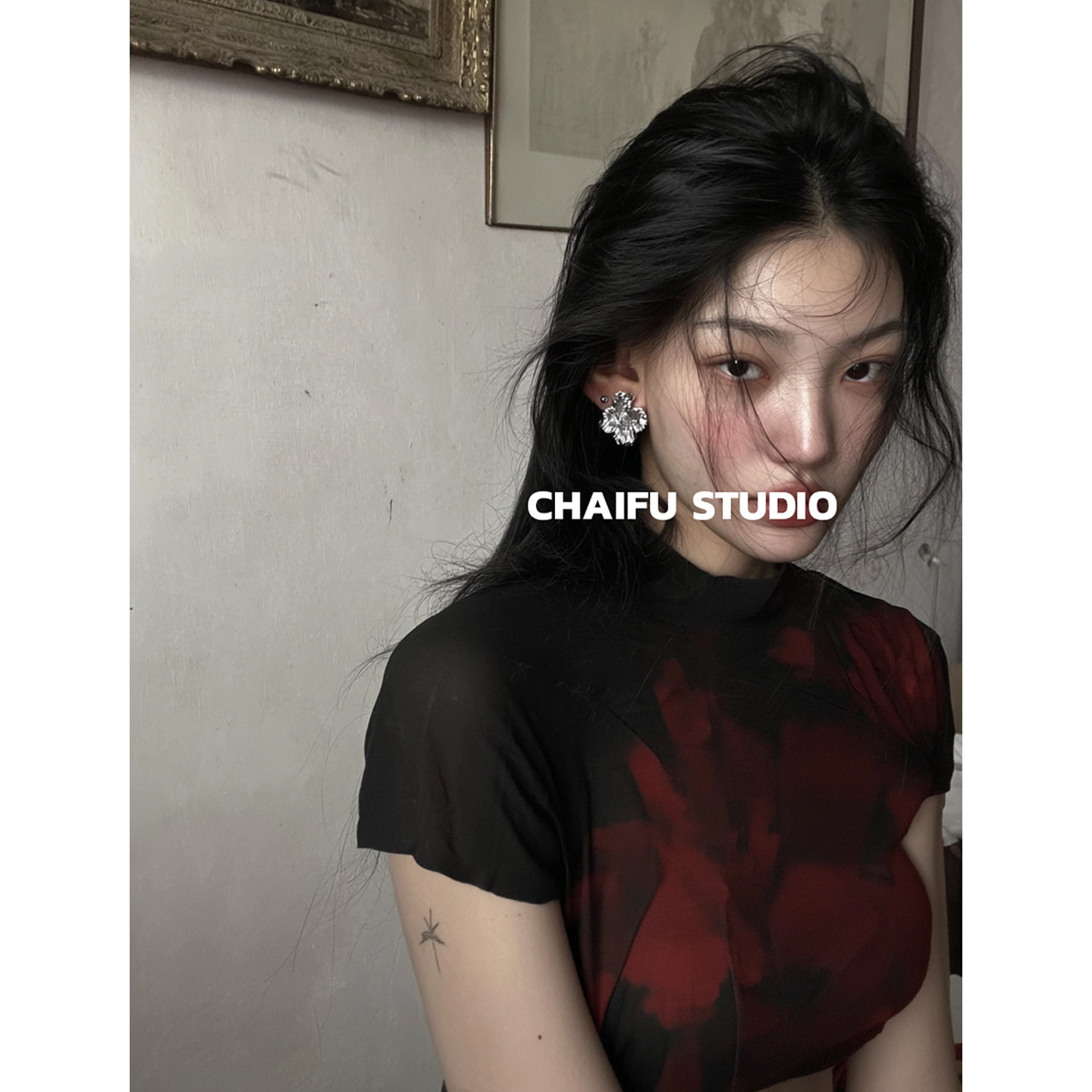 柴夫工作室/E759 欧美风褶皱熔岩金属花朵耳钉镶钻大气夸张耳环 - 柴夫工作室出品