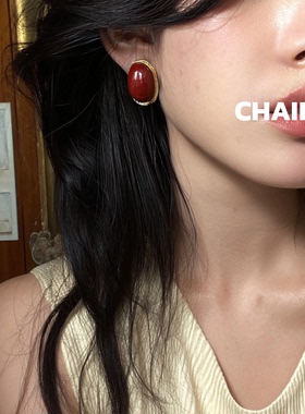 柴夫工作室/R925 复古港风红色滴釉几何包边耳钉轻奢高级感耳环