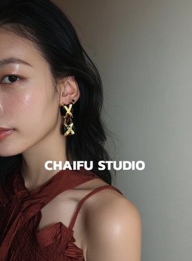 柴夫工作室/E108 欧美宫廷风奢华黑金交叉耳钉重工夸张高级感耳环