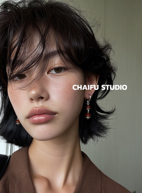 柴夫工作室/R116ins日韩简约百搭红玛瑙串珠耳钉长款显脸小耳环