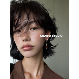 柴夫工作室/R116ins日韩简约百搭红玛瑙串珠耳钉长款显脸小耳环