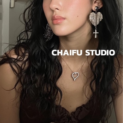 欧美满钻流苏爱心十字架耳钉