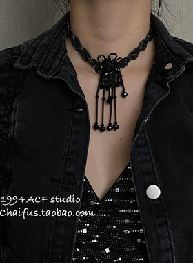 哥特风复古黑色水晶串珠项链