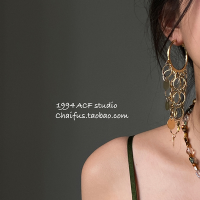 欧美夸张金属圆片流苏耳钉