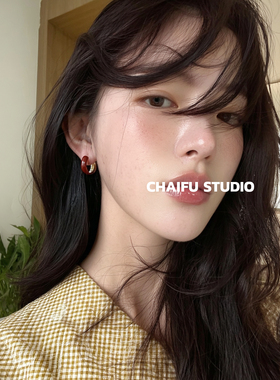 柴夫工作室/R962 港风高级感滴釉酒红色耳扣复古C型hoop耳圈耳环