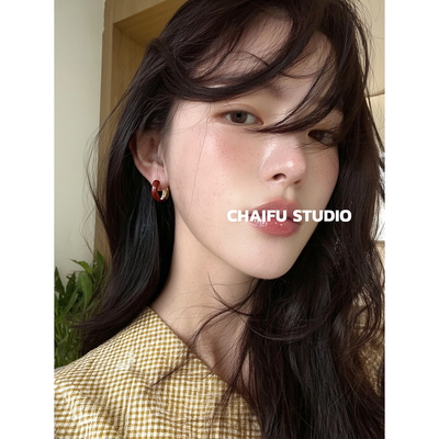 港风高级感滴釉酒红色耳扣