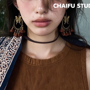 柴夫工作室/E280 复古游牧风做旧木质金属耳环中东灵域镂空耳钩