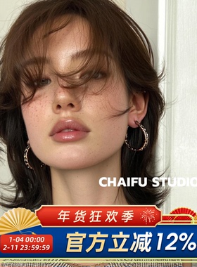 柴夫工作室/E110 ins日韩极简百搭C形皮质链条耳钉耳环简约耳圈