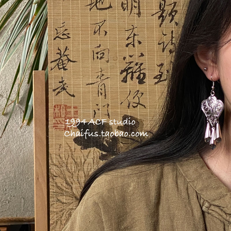 柴夫工作室/R268 古银雕刻苗族特色流苏耳环气质百搭灵域耳钩