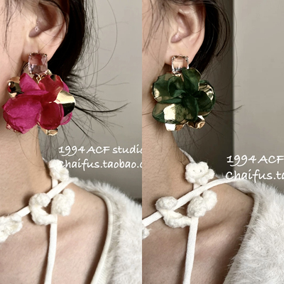 美式复古彩色网纱花朵耳钉