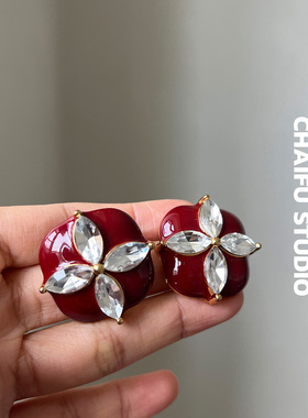 柴夫工作室/E379 港风复古酒红滴釉四叶水钻耳钉奢华框边宫廷耳环