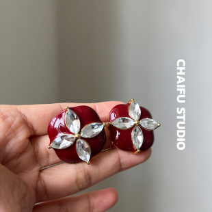 柴夫工作室 港风复古酒红滴釉四叶水钻耳钉奢华框边宫廷耳环 E379