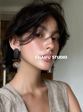 柴夫工作室/E318 森系冷淡风几何木质拼接耳钉小众透明球复古耳环