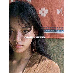 柴夫工作室/E345 波西米亚古铜做旧设计耳环镂空雕刻流苏灵域耳钩