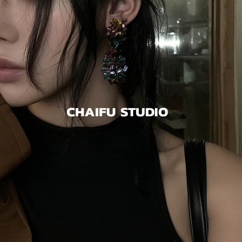 欧美拼接渐变彩钻耳钉