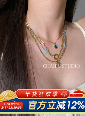 柴夫工作室/X191 复古法式小众多层锁骨项链蓝色水滴轻奢气质穿搭