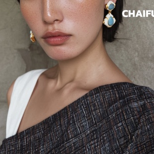 柴夫工作室 欧美宫廷黑金镶嵌松石耳钉奢华几何撞色菱形耳环 E272