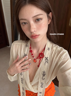 复古酒红手工串珠蝴蝶结项链配饰