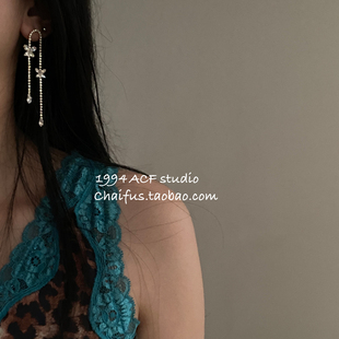 柴夫工作室 韩系请冷风镶钻长流苏耳环超闪小众设计气质耳钉 R963