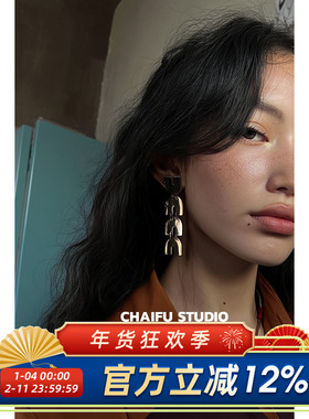 柴夫工作室/R460 欧美冷淡风撞色金属耳钉复古嘻哈辣妹未来感耳环